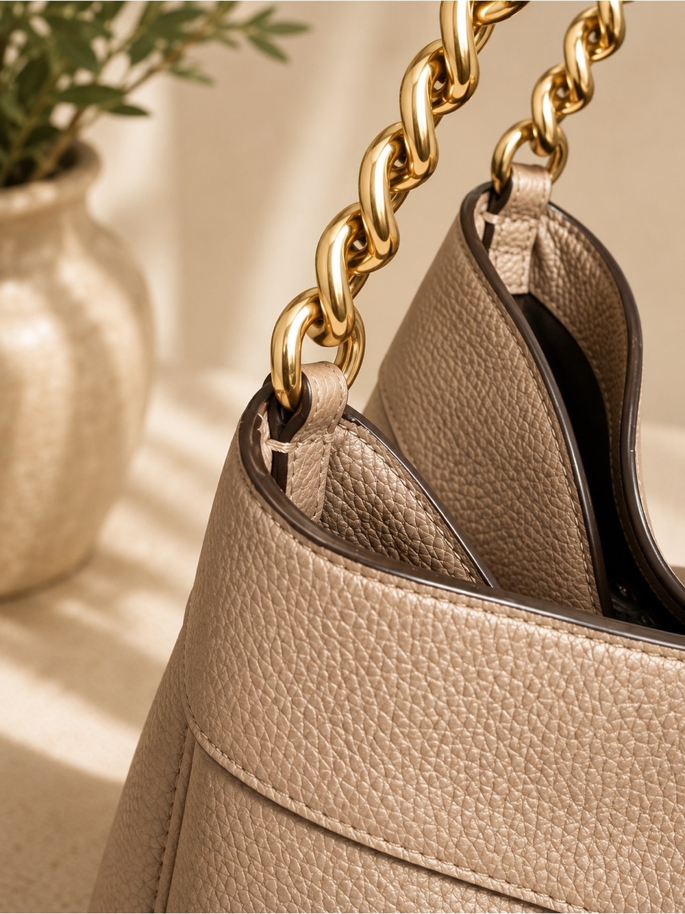 Coach Metallic Champagne Pebbled Leather Chain Shoulder Hobo Bag Gold - Picture 4 of 12